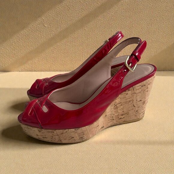 STUART WEITZMAN Red Patent Leather Cork Wedges Sandals Size 7 - Picture 1 of 10